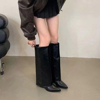 【💕免運實拍】靴子 長筒靴 騎士靴 機車靴 好穿尖頭粗跟褲管靴女複古不過膝長靴高跟西部牛仔靴騎士