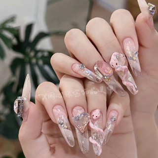 🎀臺灣出貨🎀純欲冰透粉色蛇寶寶美甲貼片純手工穿戴甲片成品假指甲貼長款可拆