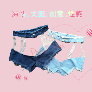 臺灣出貨 proudfox她秘露小出戶外性感大膽吊帶牛仔短褲熱褲鏤空小眾