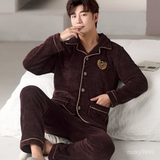 🔥男兩件式睡衣秋冬 中老年保暖家居服 男生睡衣睡褲 加絨加厚居家服 中厚長袖睡衣套裝 秋冬季珊瑚絨睡衣長袖加厚大碼