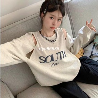 【唯家】小眾露肩字母印花大學T 圓領套頭衛衣女 初秋寬鬆外套 顯瘦設計感鏤空長袖上衣