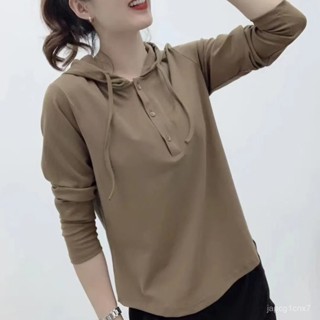 高檔秋季薄款衛衣女長袖袖連帽打底衫媽媽裝休閒寬鬆上衣大碼T恤 EFVI