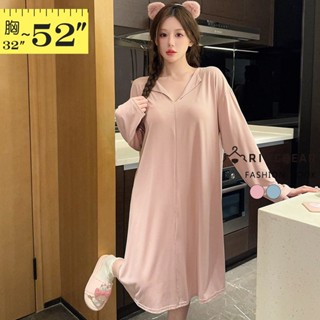 眼圈熊 中大尺碼 L37 親膚棉質面料時尚小翻領長袖長版連身睡衣(粉.藍L-4L)