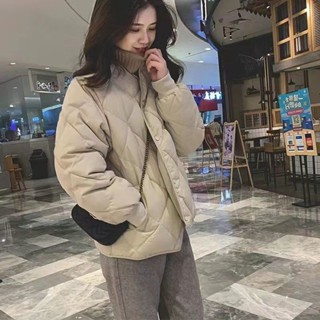 菱格短款羽絨棉服外套女冬季小個子夾棉保暖棉衣上衣保暖棉衣外套 實拍秋冬時尚菱形格紋夾棉立領棉衣外套