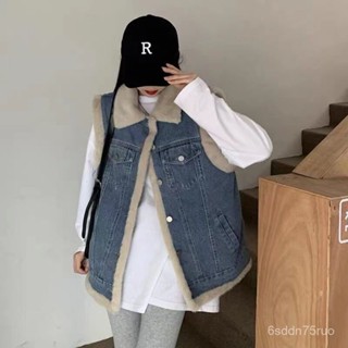 背心外套 馬甲 保暖外套 毛毛背心 羊羔毛牛仔馬甲少女秋冬裝2024新款初中高中學生加絨加厚馬夾外套