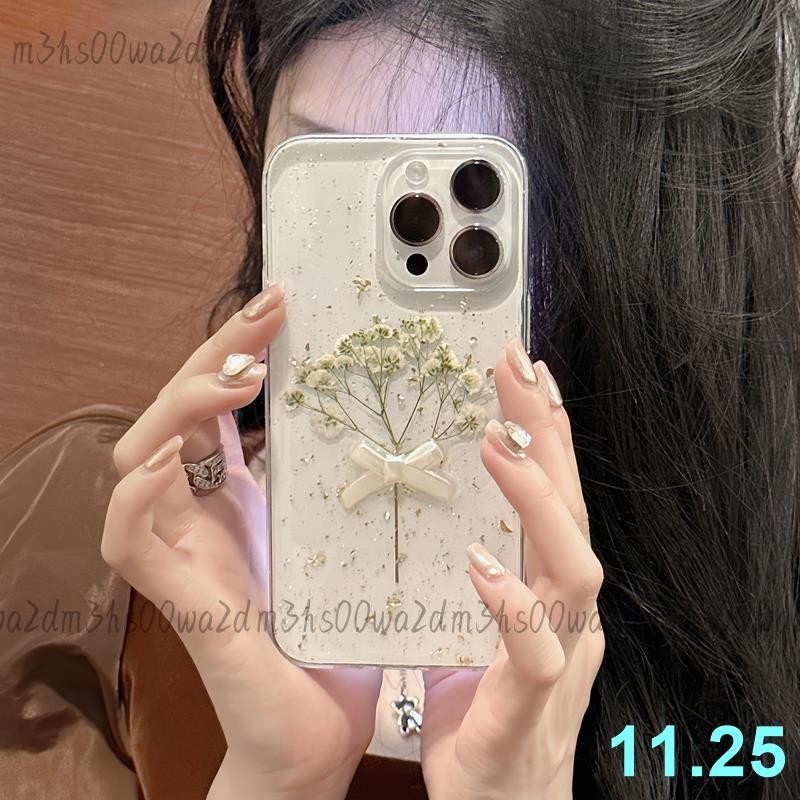 蝴蝶結滿天星干花蘋果14 15 16promax手機殼iPhone13 12滴膠11軟