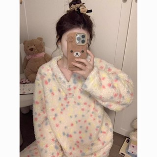【冬季睡衣】韓版波點V領珊瑚絨睡衣女款冬季加絨加厚保暖毛絨家居服秋冬套裝