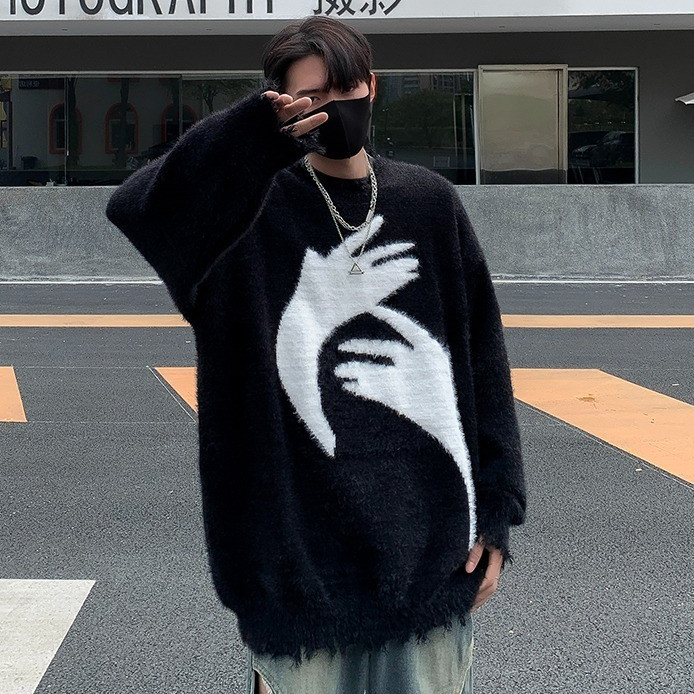 美式抽象圓領破洞毛衣男 秋冬季新款 ins潮牌 慵懶風 寬鬆 休閒 情侶裝 針織衫 上衣 （HMY245）【壹號站】