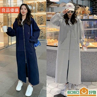 BOB好物❤40150kg】加厚刷毛長版外套 大尺碼外套 連【lb005】帽保暖外套 過膝帽衫女 秋冬大尺碼胖妹寬鬆長拉