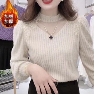 加絨半高領磨毛高階打底衫女時尚設計感上衣秋冬洋氣高貴小衫 蕾絲上衣 長袖上衣 保暖上衣 秋冬長袖 彈力上衣