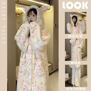 韓版高顏值新款珊瑚絨睡衣女冬季加絨加厚保暖法蘭絨彩色小熊連帽睡袍