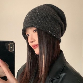 【熱銷免運】高階感亮片針織毛線帽子女2024新款秋冬時髦百搭包頭帽顯臉小冷帽 針織帽 保暖毛線帽 護耳套頭帽 毛絨帽 毛