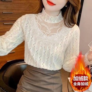🔥 爆 女長袖蕾絲衫 蕾絲網紗打底上衣秋冬2024加絨新款加厚百搭顯瘦時尚長袖打底衫