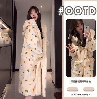 Lam 睡衣 睡袍 居家服 卡通睡袍 連帽睡袍 珊瑚絨睡衣女 冬天睡袍 毛絨連帽睡裙 長款 加絨加厚 保暖 可外穿睡袍