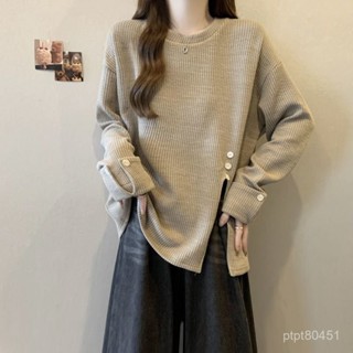 大尺碼女裝 秋天女裝 上衣 大碼紋理感坑條開叉長袖上衣女秋季新款寬鬆顯瘦時尚打底衫女