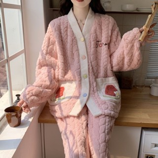 Lam 睡衣 居家服睡衣女冬季珊瑚絨加厚網紅甜美新款可愛大碼冬天少女法蘭絨家居服