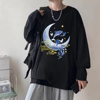 M-8XL 大呎碼士長袖T恤 薄款寬鬆 上衣青少年學院風上衣秋季圓領體恤打底衫長袖上衣 上衣 印花T恤 oversize