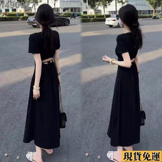 長度118左右🌷 大尺碼洋裝 連身裙 長洋裝 女洋裝 法式赫本設計感短袖連衣裙女夏季新款收腰顯瘦氣質露腰長裙 連身洋