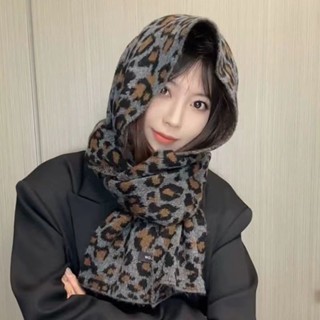 Lam 圍巾 絲巾 披肩復古風豹紋針織圍巾女秋冬季新款韓版學院風保暖高階感圍脖套披肩