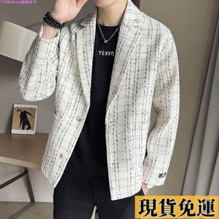 🎆雅軒🎆限時低價🎆西服男士外套春秋款痞帥韓版修身帥氣編織麵料格子西裝上衣休閒西裝男 韓版休閒 男士西裝 青年商務