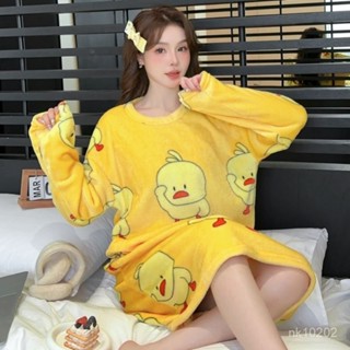 💎新品💎 秋冬季法蘭絨睡衣女士加長款加厚保暖珊瑚絨睡裙女韓版可愛家居服