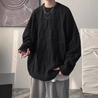 【韓國男裝】寬鬆毛衣 oversize 圓領毛衣 男長袖毛衣 棊盤格設計 ins 港風 針織衫 百搭純色打底綫衣外套