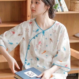 沒煩惱 免運 古風居家服 新中式睡衣 國風睡衣 睡衣女款2024新款夏季純棉紗布中國風新中式綿綢七分袖家居服套裝