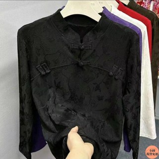 【小圓❥桃園發貨】 中式新款長袖薄絨提花上衣時尚洋氣旗袍氣質修身復古國風立領打底