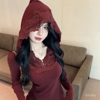 【上新】新年紅色上衣 性感法式連帽蕾絲花邊上衣百搭修身辣妹T恤 長袖性感上衣 節日活動 本命過年 冬天保暖 顯打底外穿