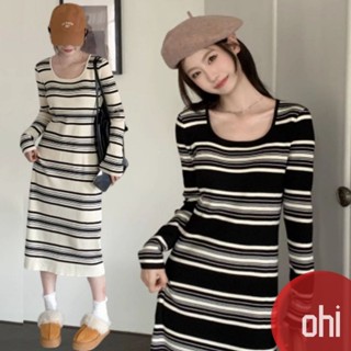 【ohi】方領撞色條紋長袖連身裙 修身顯瘦中長款裙子 連身裙 連衣裙 長裙 洋裝 女裝 打底裙 GKU2582