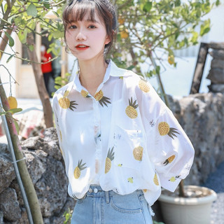 【ohi】防曬雪紡上衣女設計感小眾襯衣夏季新款印花長袖襯衫襯衫女 長袖 上衣 衣服女GSH6259