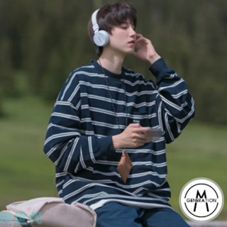 【M世代】條紋長袖T恤男秋季ins潮流百搭秋衣日系長袖上衣長T寬鬆高街刺繡大學T(BTKF15