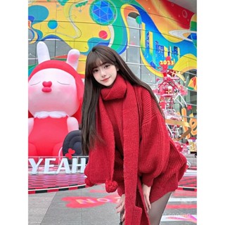 QB 免運 精選毛衣 秋季上衣 聖誕過年喜慶紅色毛衣口袋圍巾套裝女秋冬韓版加厚寬鬆洋氣針織潮