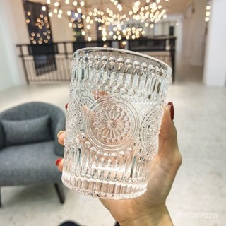 挑戰最低價🏆ins風太陽花水杯 複古浮鵰玻璃杯女美式咖啡杯網紅冷飲杯家用杯子 B6W8