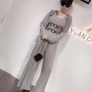 【Sweet oversize】 春秋季休閒運動套裝女時尚寬鬆連帽薄款外套背心闊腿褲跑步服三件 ZXFC