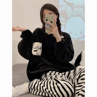 家居服 ✨新款法蘭絨睡衣女秋冬季加絨保暖條紋套裝舒適珊瑚絨家居服ins潮 居家服 長袖家居服 睡衣套裝 居家睡衣