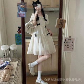 免運★初戀裙復古溫柔風方領泡泡袖白色裙子女夏學生茶歇法式桔梗洋裝