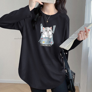秋季新品🍂大尺碼上衣 長袖棉t女 長袖上衣 大碼女裝 胖mm寬鬆卡通中長款上衣女 秋冬ins網紅外穿長袖t恤德絨打底衫