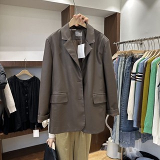 【Sweet oversize】🍋2025春秋新款韓版寬鬆帥氣百搭翻領中長款pu皮西裝外套 皮外套 機車皮外套 夾剋外套