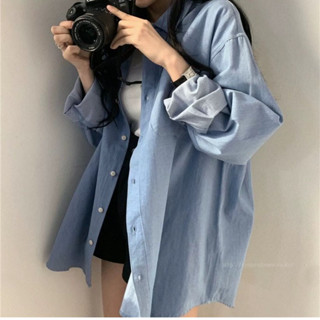 中長款藍色牛仔襯衫女 大尺碼 寬鬆慵懶風vintage複古洋氣休閒薄外套 百搭上衣 顯瘦長袖襯衫 襯衫外套