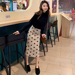 【免運出貨】半身裙韓版加厚波點針織半身裙女2021秋冬新款高腰包臀中長款開叉一步毛線裙長裙百褶裙窄裙開衩長裙