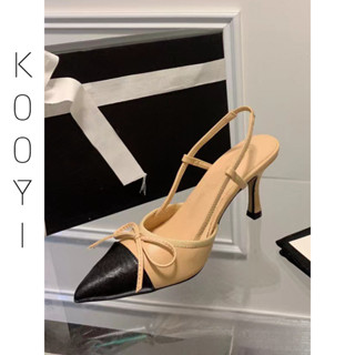 kooyi 羊皮 小香風高跟鞋 尖頭細跟蝴蝶結一字帶高跟涼鞋女 拚色真皮高跟涼鞋女 杏色 黑色 白