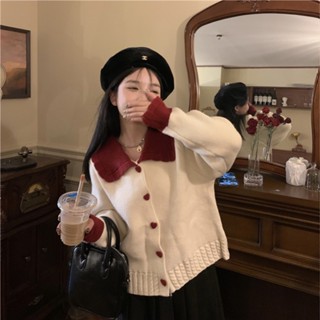 【免運出貨】紅色毛衣女秋季2024新款設計感娃娃領撞色別緻針織小外套外套秋冬季