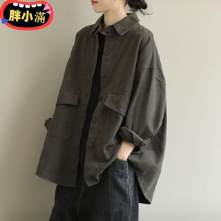 【臺灣免運】復古工裝襯衫外套女春秋新款韓版長袖藝文風大尺碼寬鬆顯瘦上衣長袖襯衫外套女襯衫外搭襯衫夏季襯衫大碼襯衫ewrd