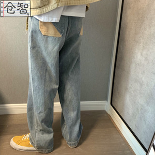 ☀熱賣美式秋冬長褲 慵懶風秋冬季潮牌牛仔褲寬鬆直筒淺色痞帥牛仔褲捲邊拖地長褲子男丹寧褲