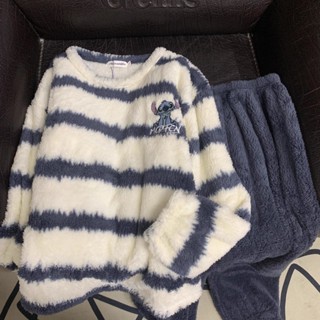 韓國史迪仔情侶睡衣女秋冬季加厚珊瑚絨卡通ins男款兩件套家居服Jsna皇后