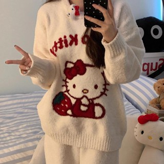 see 保暖睡衣 加絨睡衣 居家服 長袖睡衣 冬季ins睡衣女珊瑚絨可愛草莓KT貓加厚保暖長袖長褲家居服可外穿