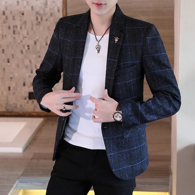西裝外套 西裝男版秋款毛呢格子西服男士時尚休閒便西青年修身單西男裝外套 修身顯瘦 韓係西裝 休閒西裝 BHGP