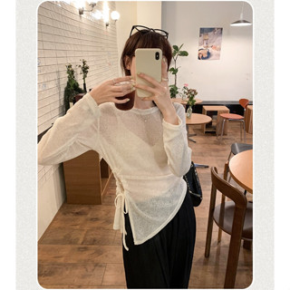 Annie💖 下襬露腰抽褶顯瘦針織衫女士春夏新款氣質薄款微透防曬罩衫 防曬上衣長袖上衣