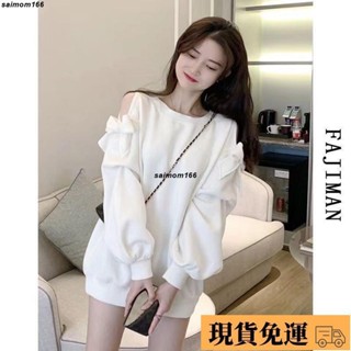 🌸臺灣特價🌸悠米 蝴蝶結長袖露肩衛衣女裝春秋季薄款大碼無帽ins風辣妹中長款上衣